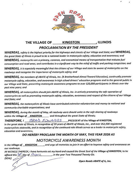Proclamation by Village President Brad Edwards declaring May is Motorcycle Awareness Month